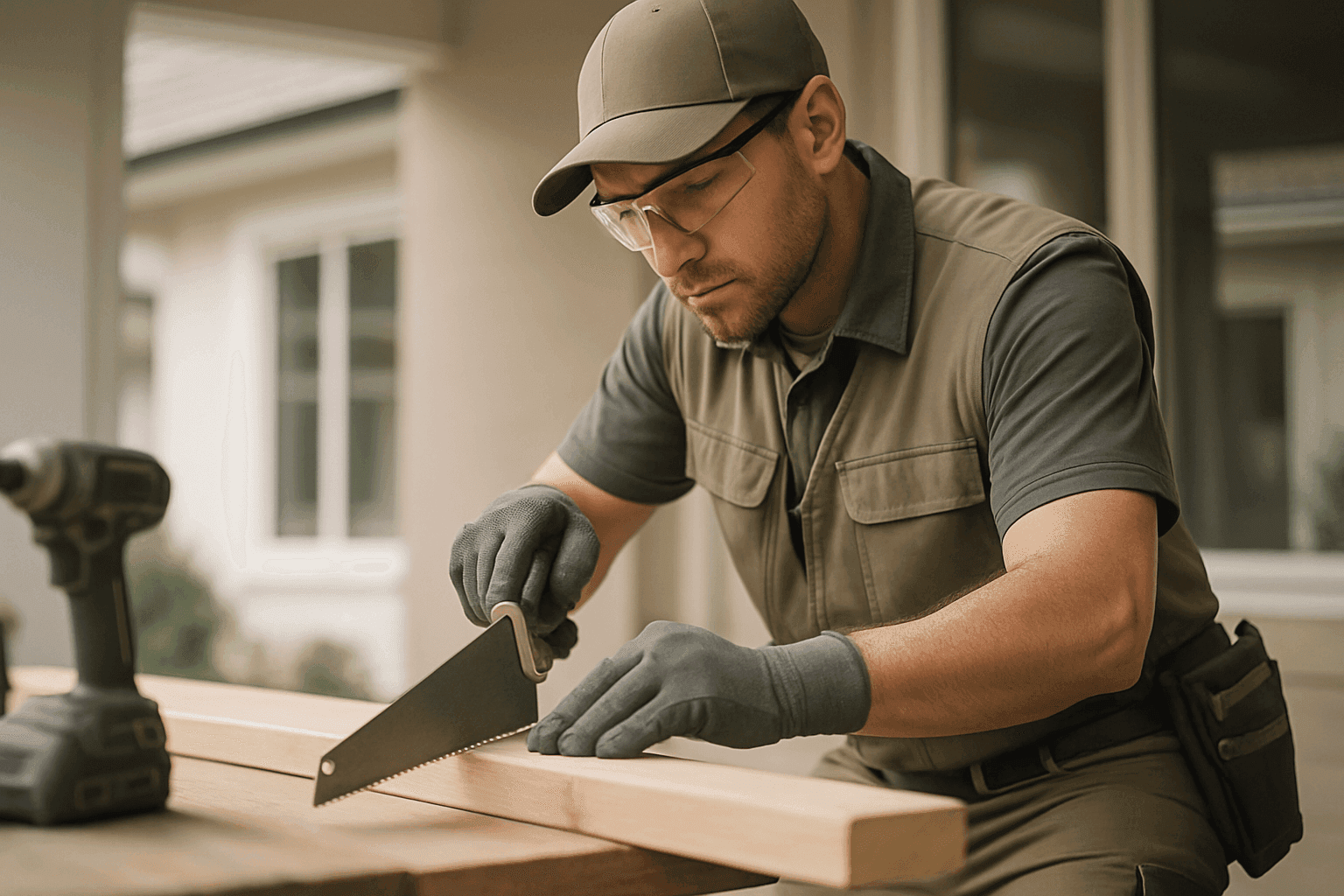 Professional handyman wearing gloves and safety glasses doing carpentry at a clean residential site